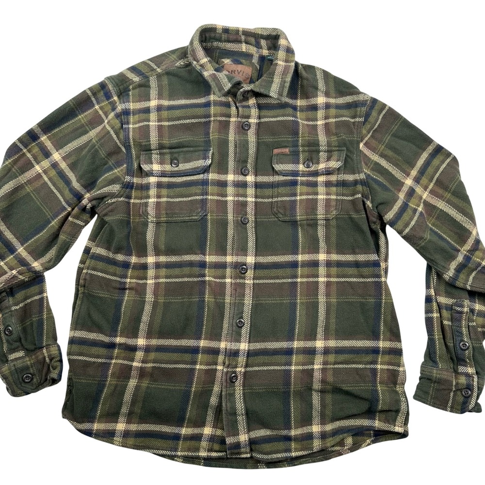 Orvis Classic Collection Mens Green Plaid Flannel Button Down Shirt Large Heavy